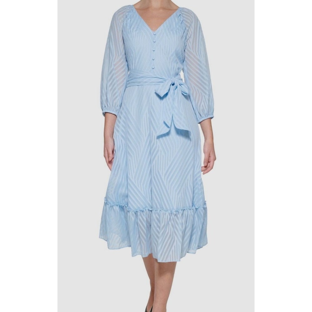 Karl Lagerfeld Paris Blue Chevron Midi Dress V-Neck Long Sleeve Size 16 $158